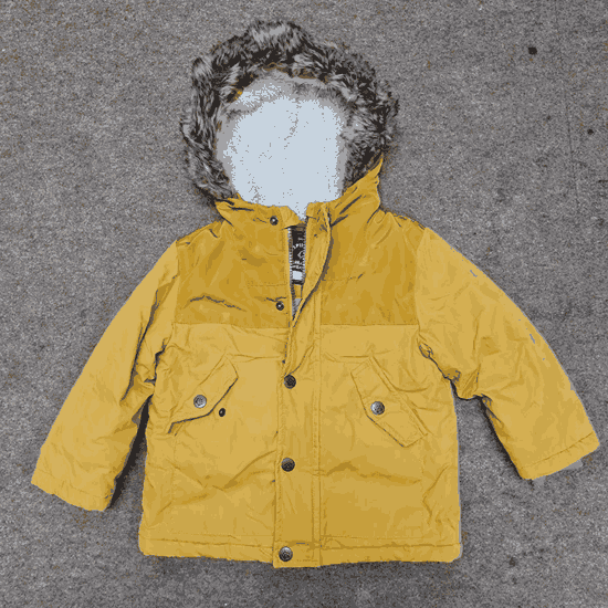 A yellow childs jacket placed on the floor.