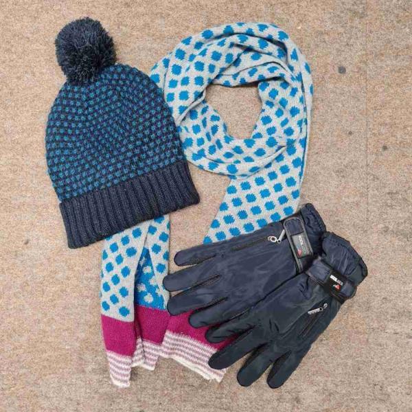 A selection of winter clothing, including gloves, hats and scarves placed on the floor.