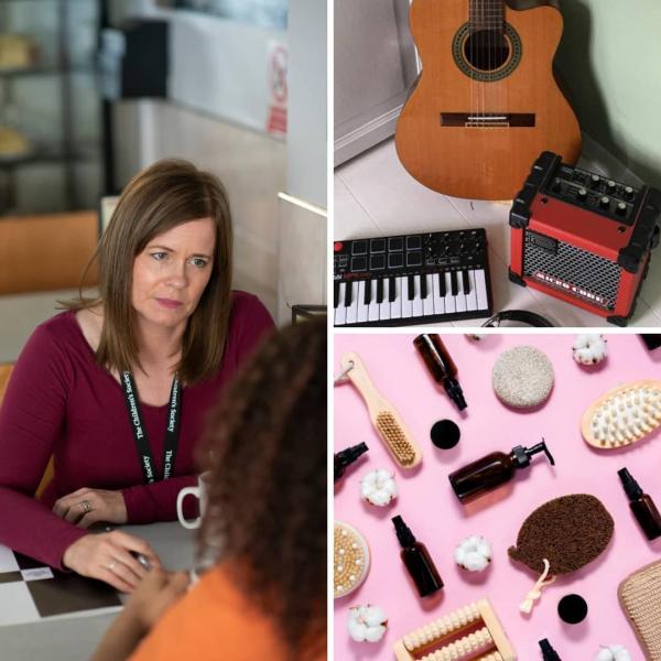Collage of items that could make up this wellbeing kit, including therapy, musical instruments and body and bath items.