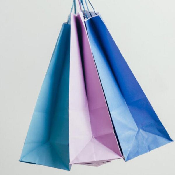Three paper gift bags being held up by someone in front of a grey wall